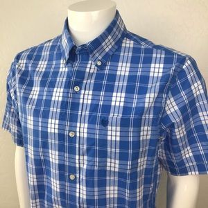 Chaps Easy Care Men's Shirt Blue White Plaid Button Short Sleeve